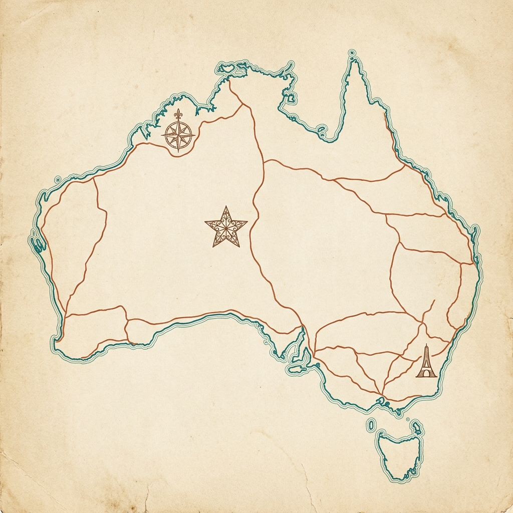 Stylised map of Australia with three destination markers