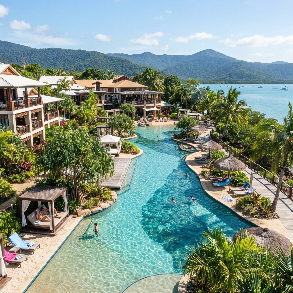 Tropical resort pool and landscaped palms