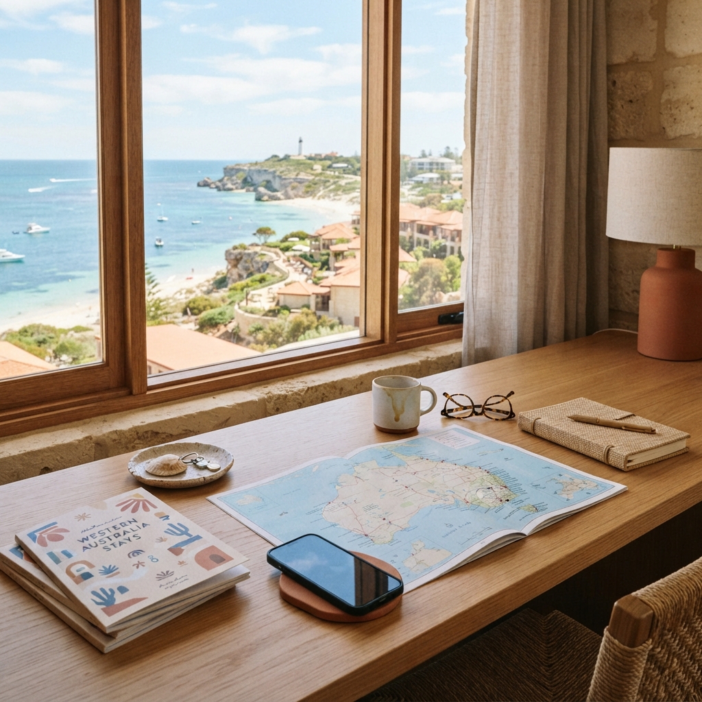 Australian hotel guide contact desk with map and coastal view