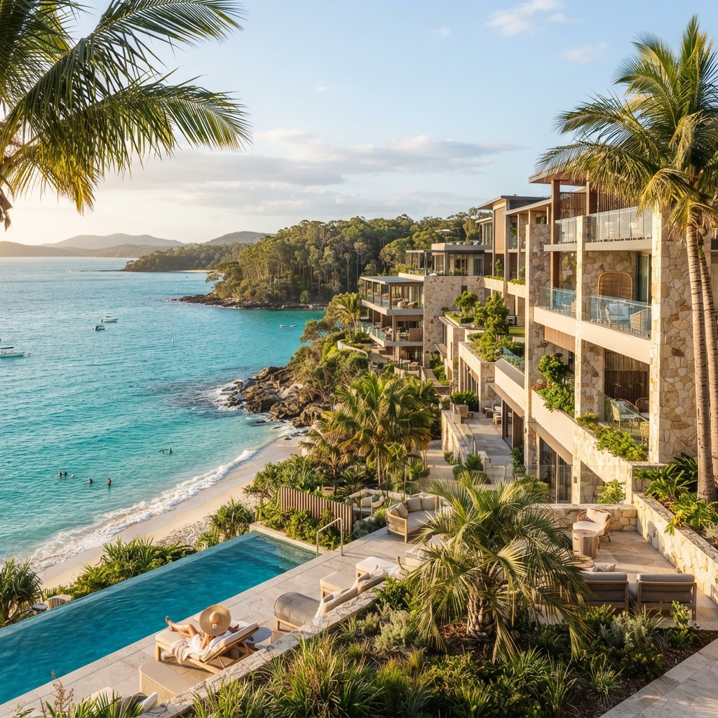Contemporary Australian coastal hotel surrounded by water and gardens